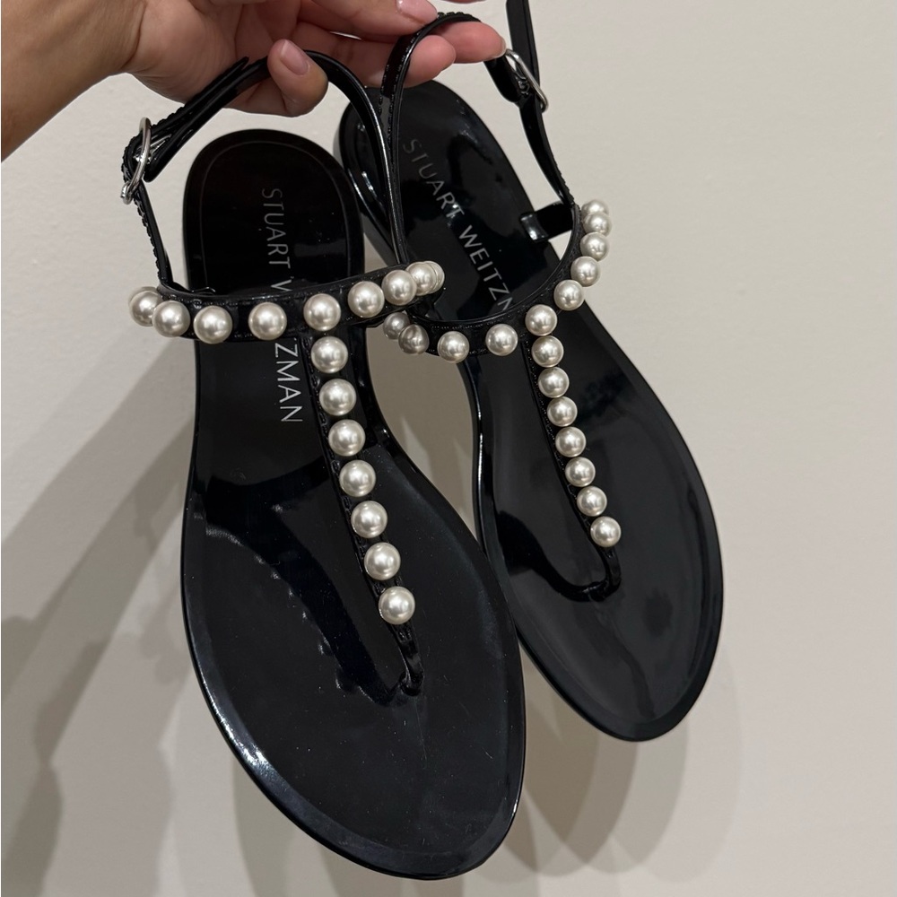 Stuart Weitzman Black Sandals with Pearl Accents